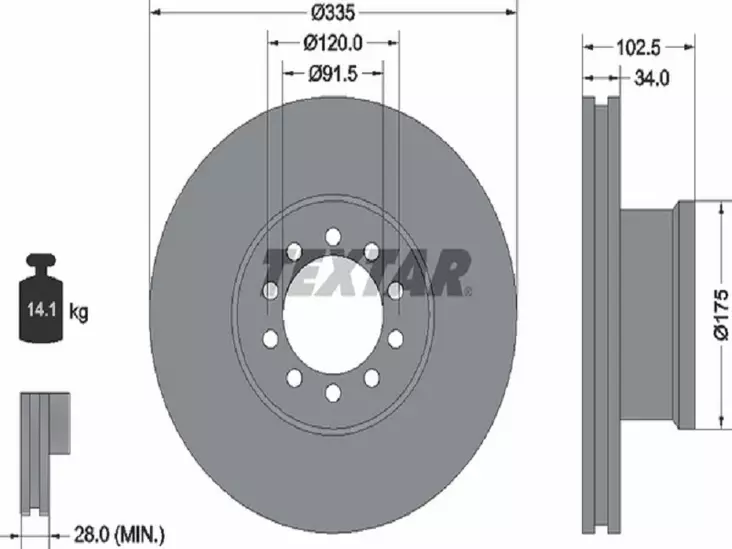 TEXTAR JARRULEVY 335MM MB ATEGO ETU EML 17.5 - Jarrulevyt - 1497-93101300 - 1