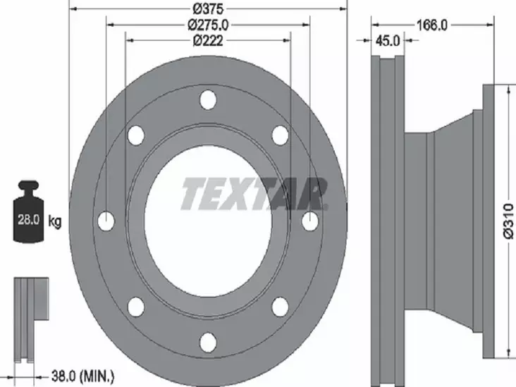 TEXTAR JARRULEVY 375MM VOLVO FL TAKA 22.5 - Jarrulevyt - 1497-93192300 - 1