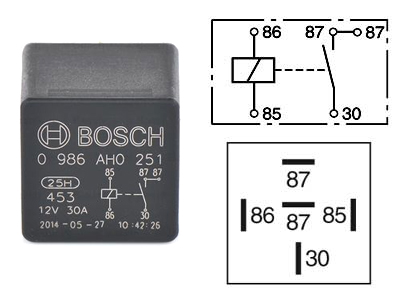 RELE BOSCH 12V 30A 2X87 - Kytkentärele 12V 5-nap - 0986AH0251 - 1