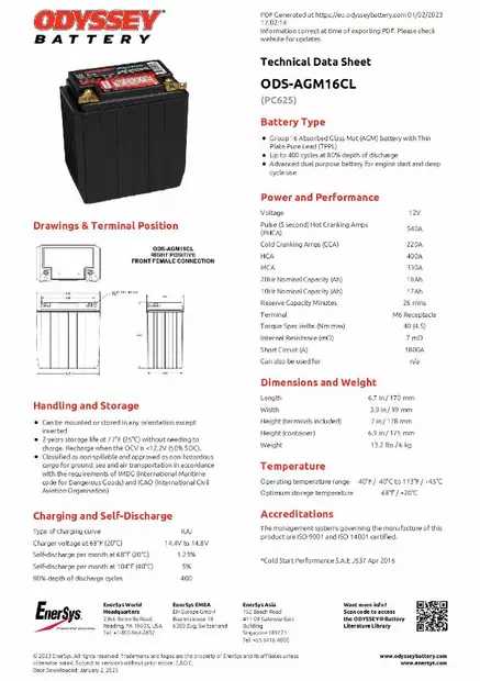 Odyssey Erersys akku 12V 18Ah - PC625 - Suljetut ajovoima- ja teollisuusakut - 635241137972 - 2
