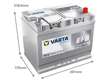 VARTA DYNAMIC EFB 72AH 760A 261X175X220MM -/+ - Varta käynnistysakut - 1820-N72 - 2