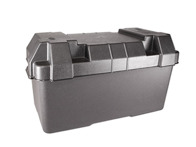 Musta akkukotelo 455x240x260mm - Iso / Muovinen / Kannella / Hihnalla - Akkulaatikot ja telineet - 1806-50003 - 1