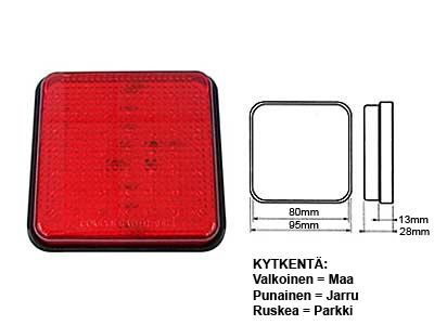 LED TAKAVALO 10-30V PUN 80X80MM (PARKKI/JARRU) - LED-neliö takavalot - 1610-22017 - 1