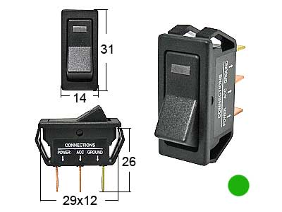 SUORAKAIDE KEINUKYTKIN 12X29MM ON-OFF 12V VIHREÄLLÄ LED-MERKKIVALOLLA - Keinukytkimet Blister - 1570-30068 - 1