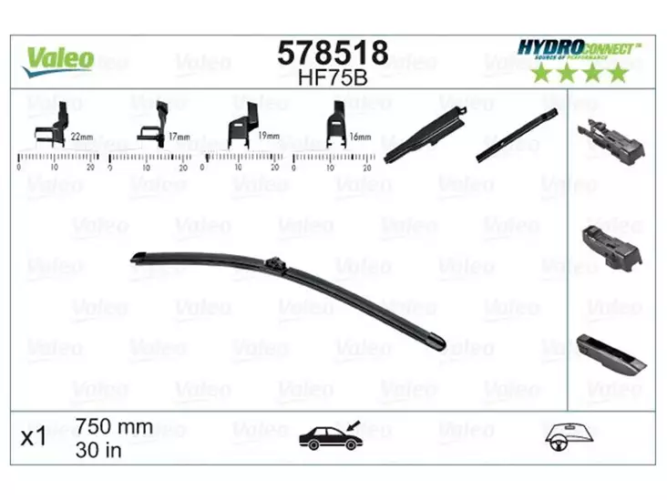 VALEO HF75B HYDROCONNECT FRONT LHD 75CM - Pyyhkijänsulat merkkikohtaiset - 578518 - 2