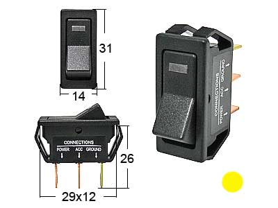 SUORAKAIDE KEINUKYTKIN 12X29MM ON-OFF 12V KELTAISELLA LED-MERKKIVALOLLA - Keinukytkimet Blister - 1570-30069 - 1